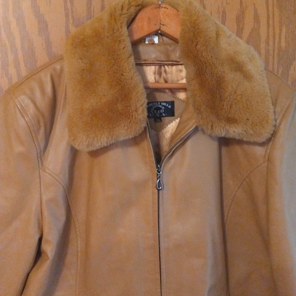 Camel Leather Jacket Removable Faux Fur Collar 2XL - Picture 2 of 6